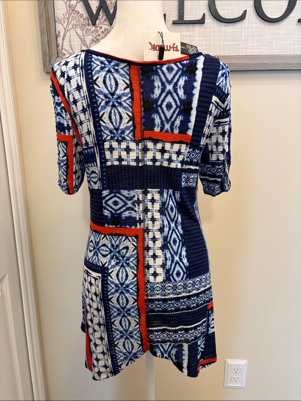 Cable & Gauge Red White Blue Patterned V-Neck Tunic Small - Picture 3 of 12